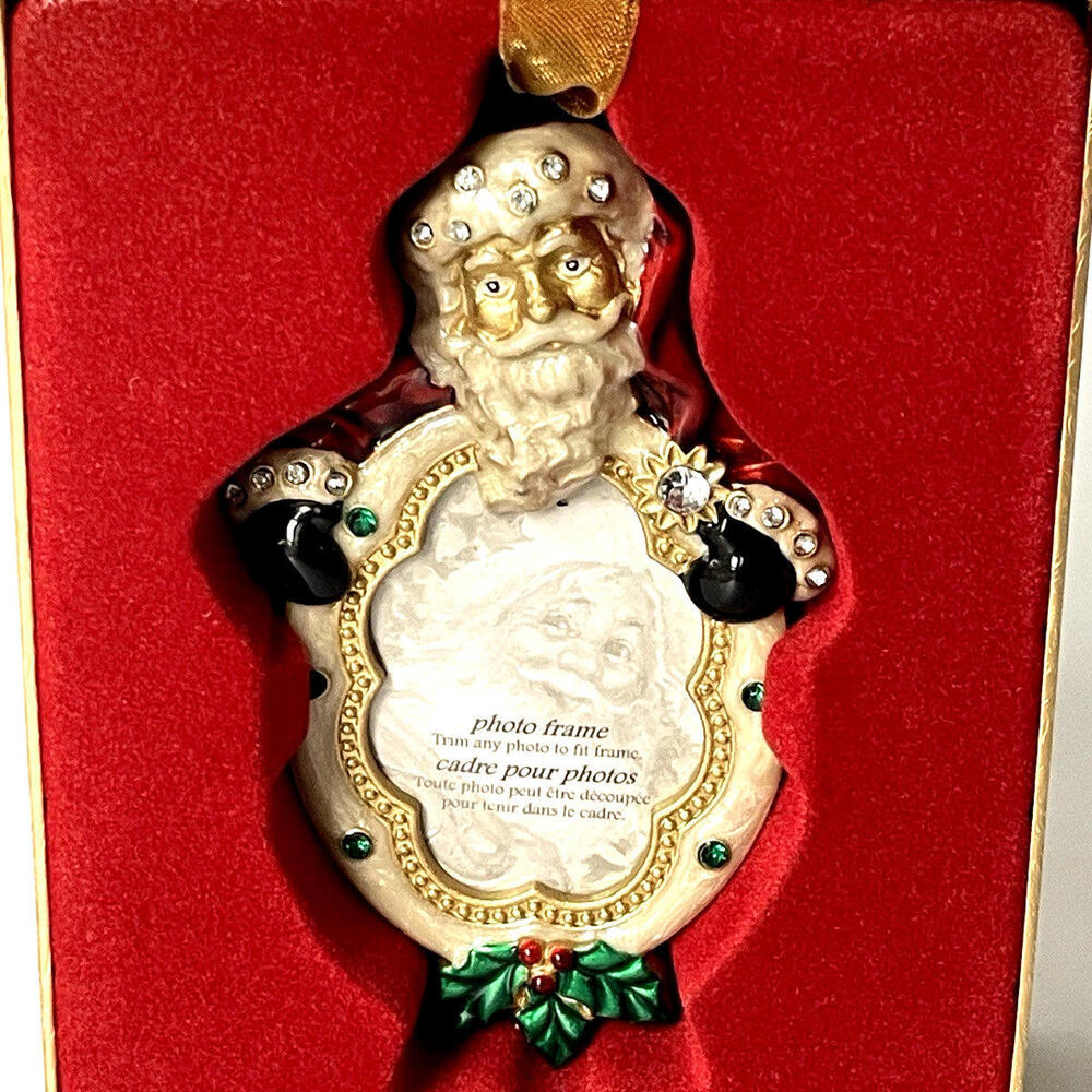 Photo Frame Metal Rhinestone Enamel Christmas Ornament Santa Claus New in Box
